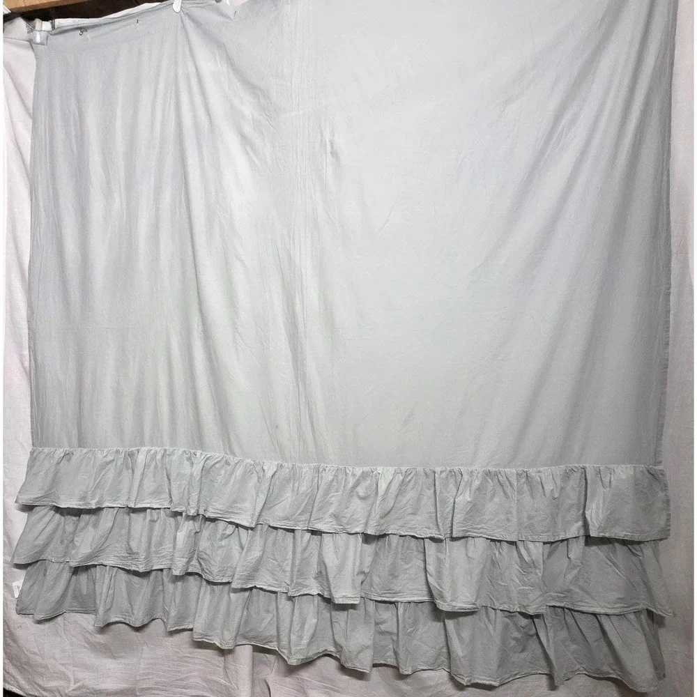 Pottery Barn Blue Gray Cotton Shower Curtain Tiered Ruffle Farmhouse Cottage